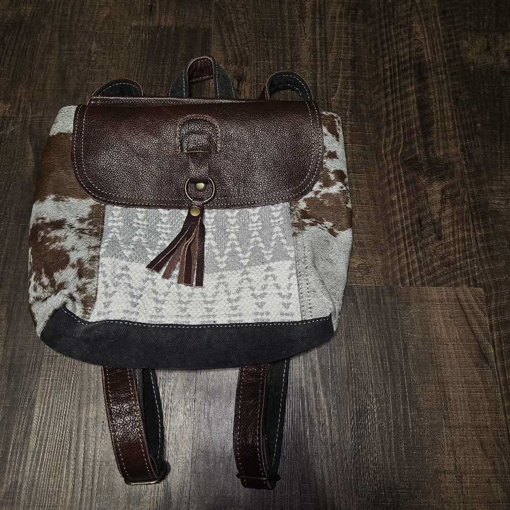 Myra Bag Hanging Buckle Upcycled Canvas And Cowhide Leather Backpack - Picture 2 of 4